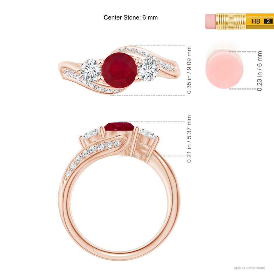 6mm AA Ruby and Diamond Three Stone Bypass Ring in Rose Gold ruler