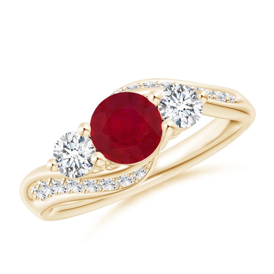 6mm AA Ruby and Diamond Three Stone Bypass Ring in Yellow Gold 