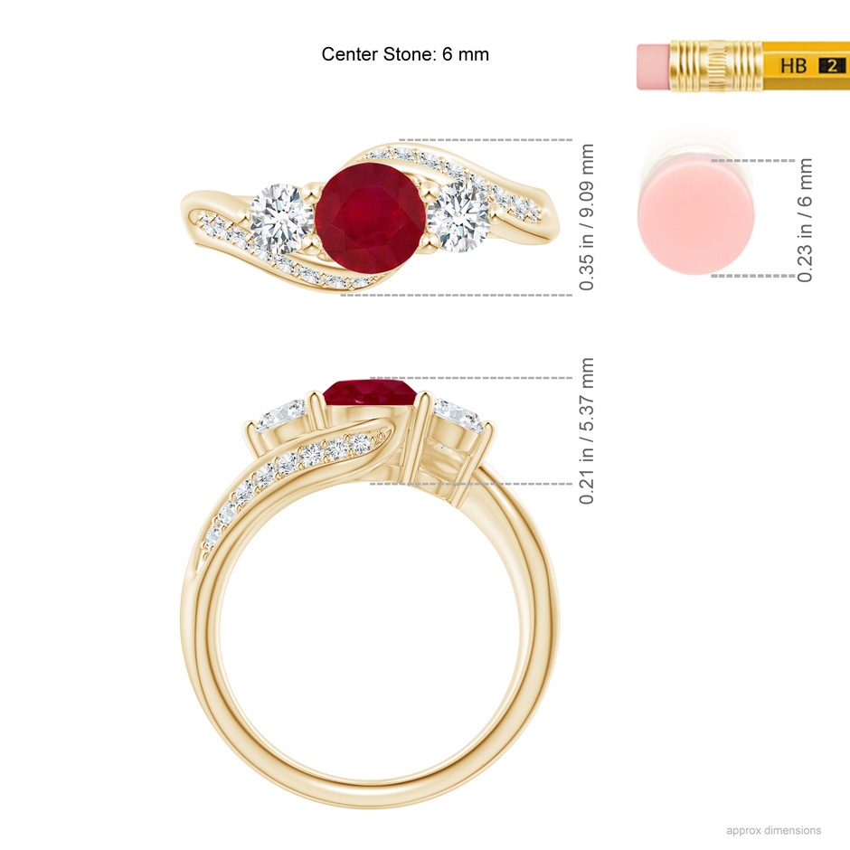 6mm AA Ruby and Diamond Three Stone Bypass Ring in Yellow Gold ruler