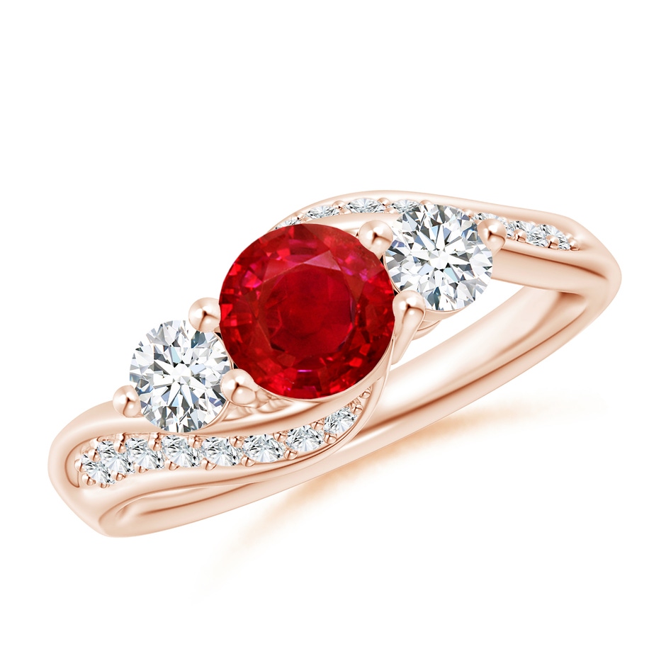 6mm AAA Ruby and Diamond Three Stone Bypass Ring in Rose Gold 