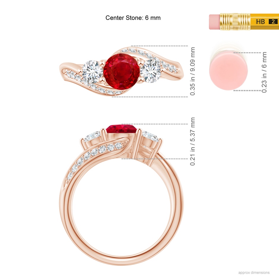 6mm AAA Ruby and Diamond Three Stone Bypass Ring in Rose Gold ruler