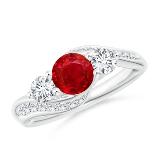6mm AAA Ruby and Diamond Three Stone Bypass Ring in White Gold