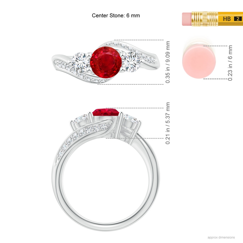 6mm AAA Ruby and Diamond Three Stone Bypass Ring in White Gold ruler