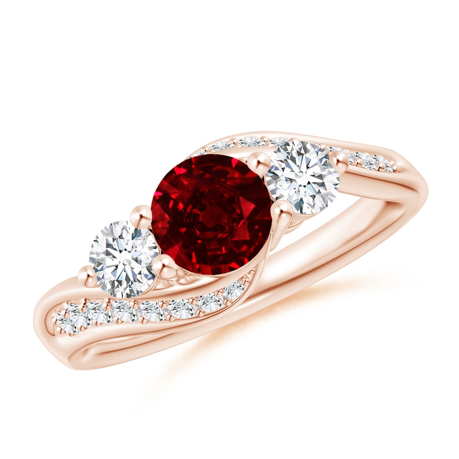 6mm AAAA Ruby and Diamond Three Stone Bypass Ring in Rose Gold 