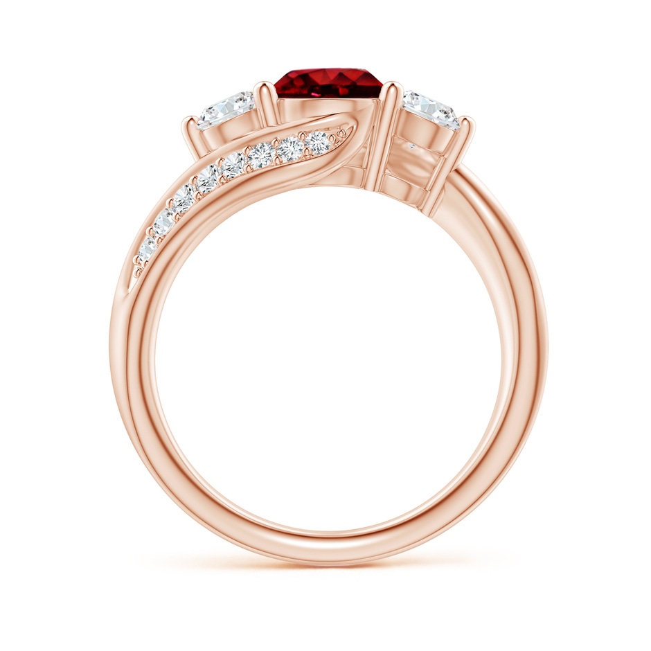 6mm AAAA Ruby and Diamond Three Stone Bypass Ring in Rose Gold side 1