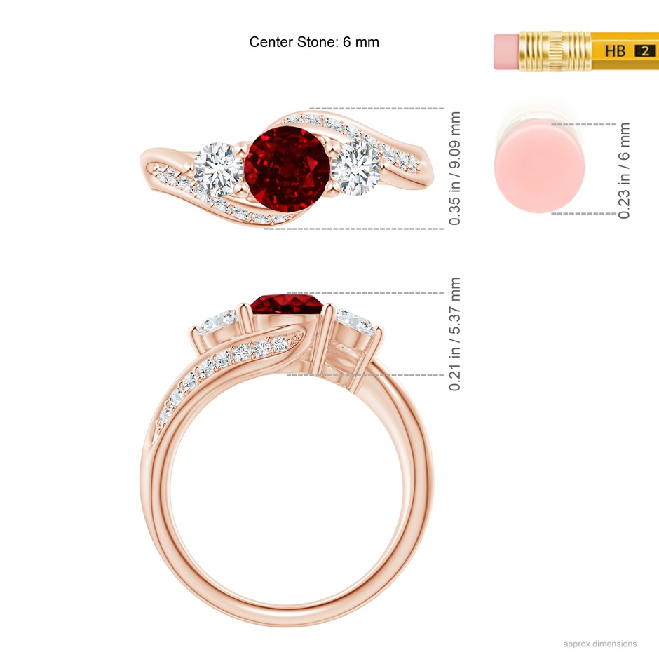 6mm AAAA Ruby and Diamond Three Stone Bypass Ring in Rose Gold ruler