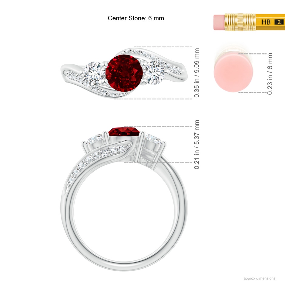 6mm AAAA Ruby and Diamond Three Stone Bypass Ring in White Gold ruler