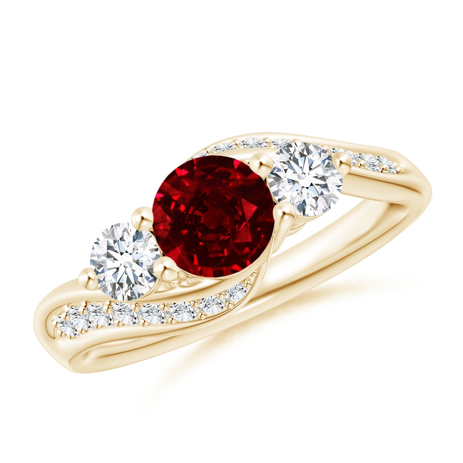 6mm AAAA Ruby and Diamond Three Stone Bypass Ring in Yellow Gold 