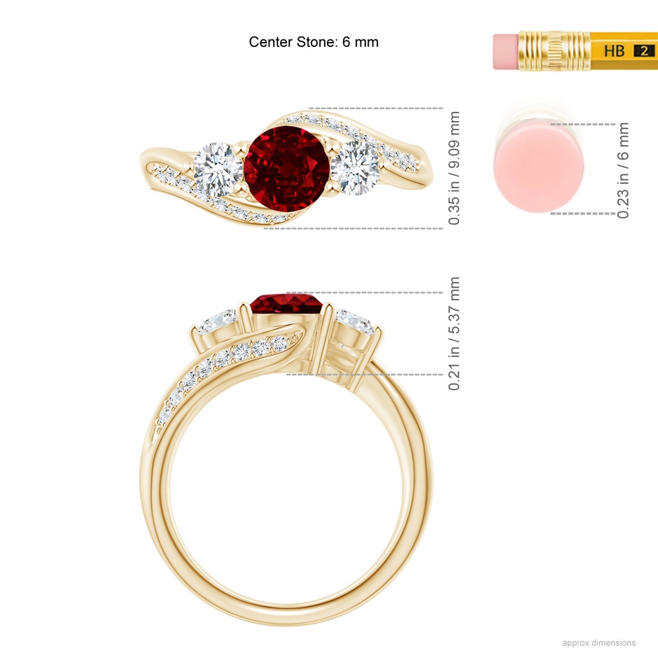 6mm AAAA Ruby and Diamond Three Stone Bypass Ring in Yellow Gold ruler