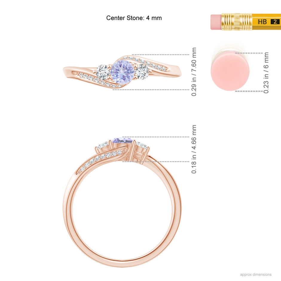 4mm A Tanzanite and Diamond Three Stone Bypass Ring in Rose Gold ruler