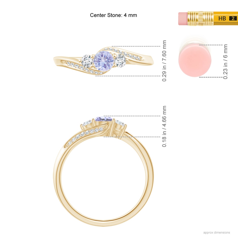 4mm A Tanzanite and Diamond Three Stone Bypass Ring in Yellow Gold ruler