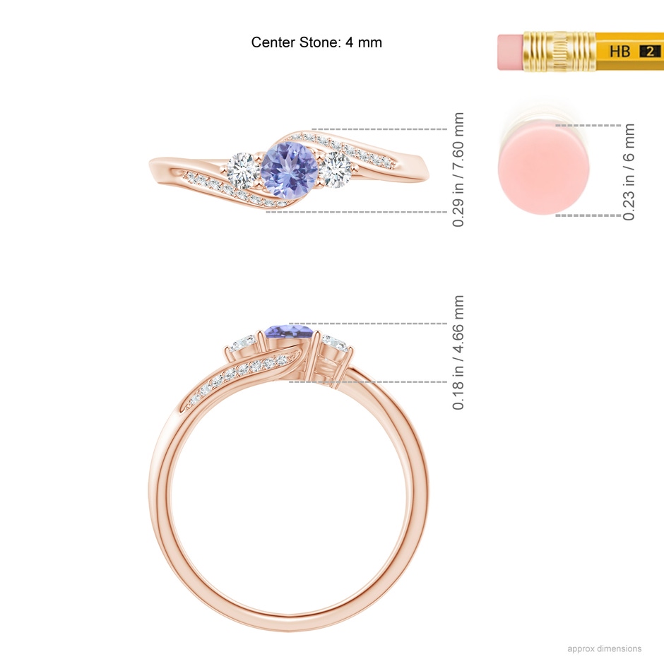 4mm AA Tanzanite and Diamond Three Stone Bypass Ring in Rose Gold ruler
