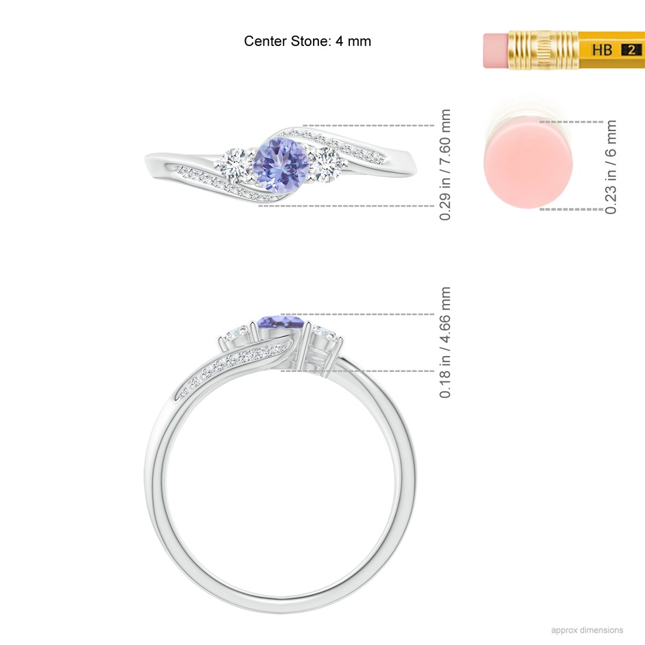 4mm AA Tanzanite and Diamond Three Stone Bypass Ring in White Gold ruler
