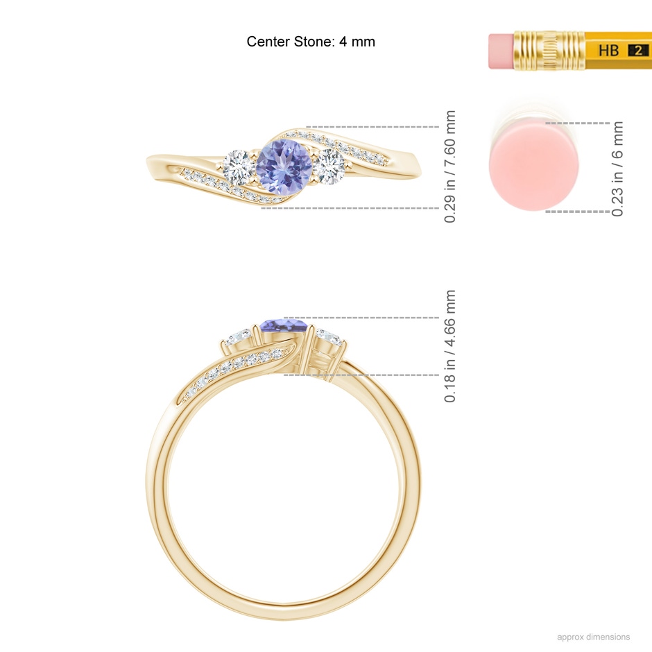 4mm AA Tanzanite and Diamond Three Stone Bypass Ring in Yellow Gold ruler