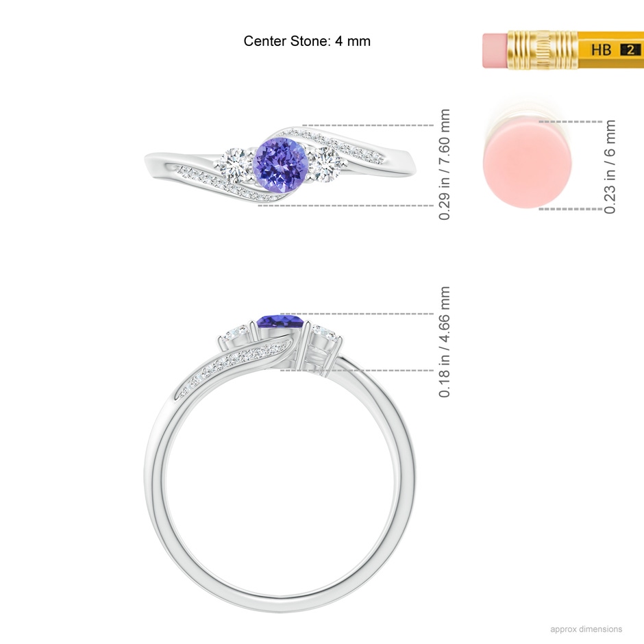 4mm AAA Tanzanite and Diamond Three Stone Bypass Ring in White Gold ruler