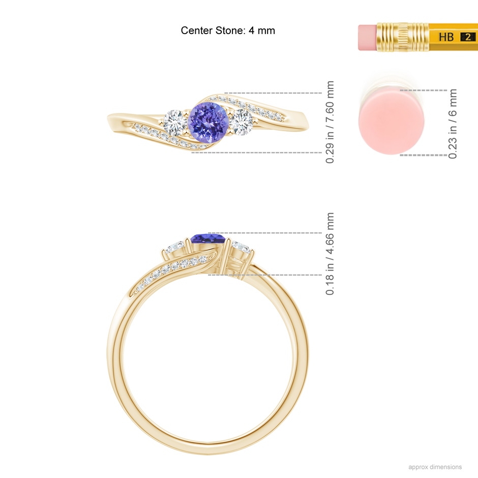 4mm AAA Tanzanite and Diamond Three Stone Bypass Ring in Yellow Gold ruler