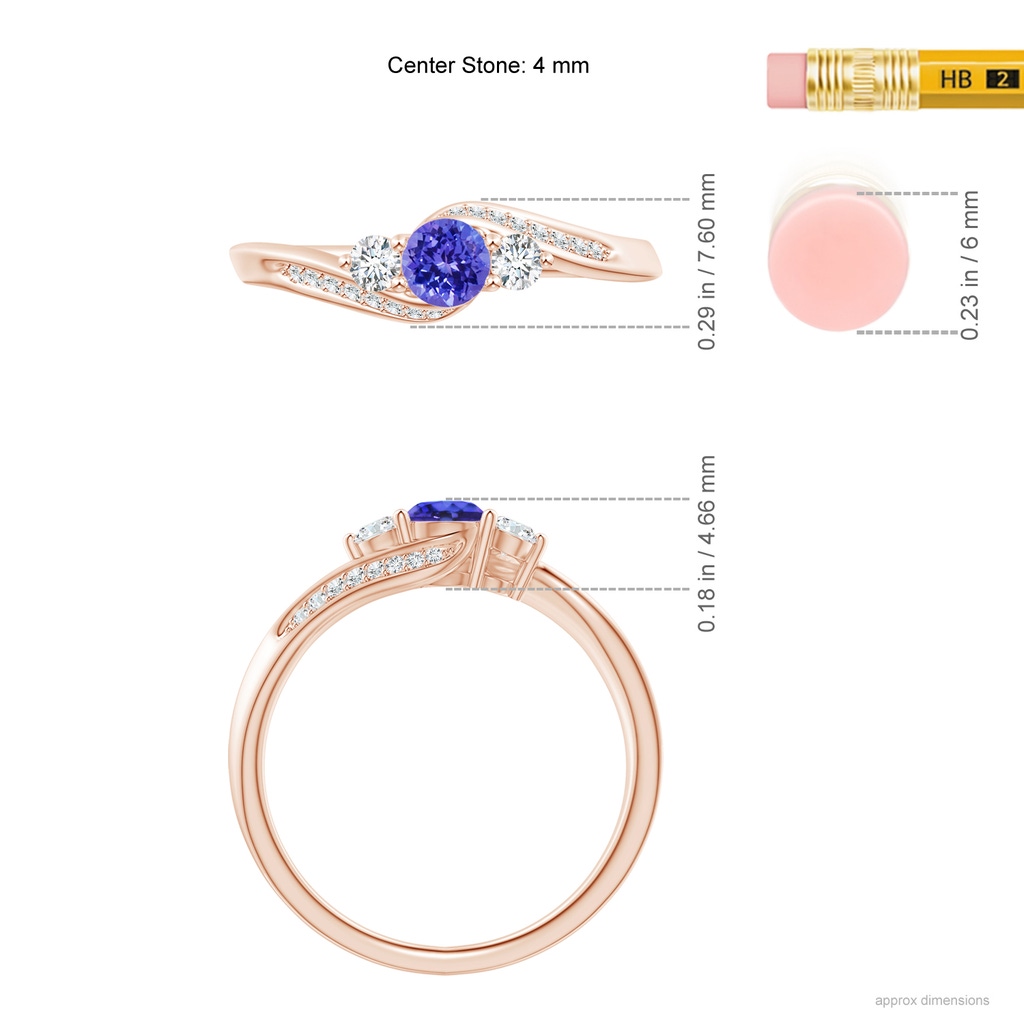 4mm AAAA Tanzanite and Diamond Three Stone Bypass Ring in Rose Gold Ruler