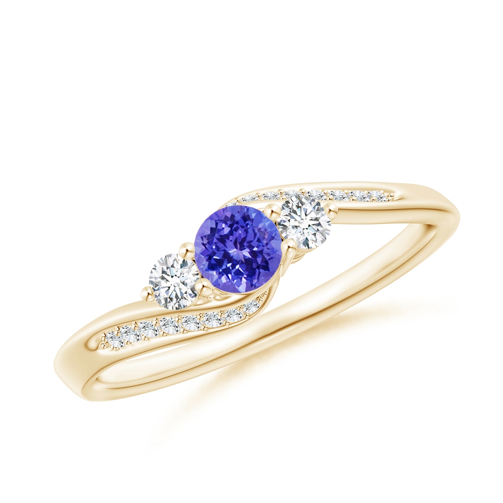 4mm AAAA Tanzanite and Diamond Three Stone Bypass Ring in Yellow Gold