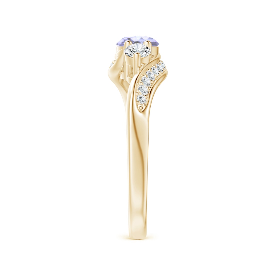5mm A Tanzanite and Diamond Three Stone Bypass Ring in Yellow Gold side 2