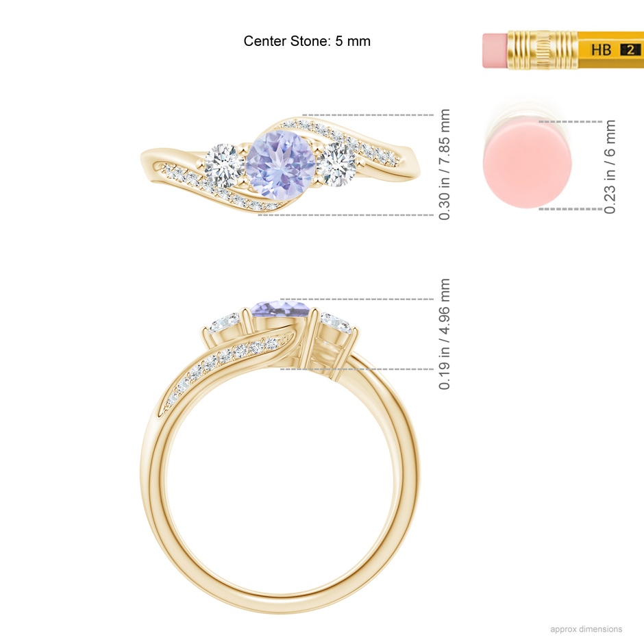 5mm A Tanzanite and Diamond Three Stone Bypass Ring in Yellow Gold ruler