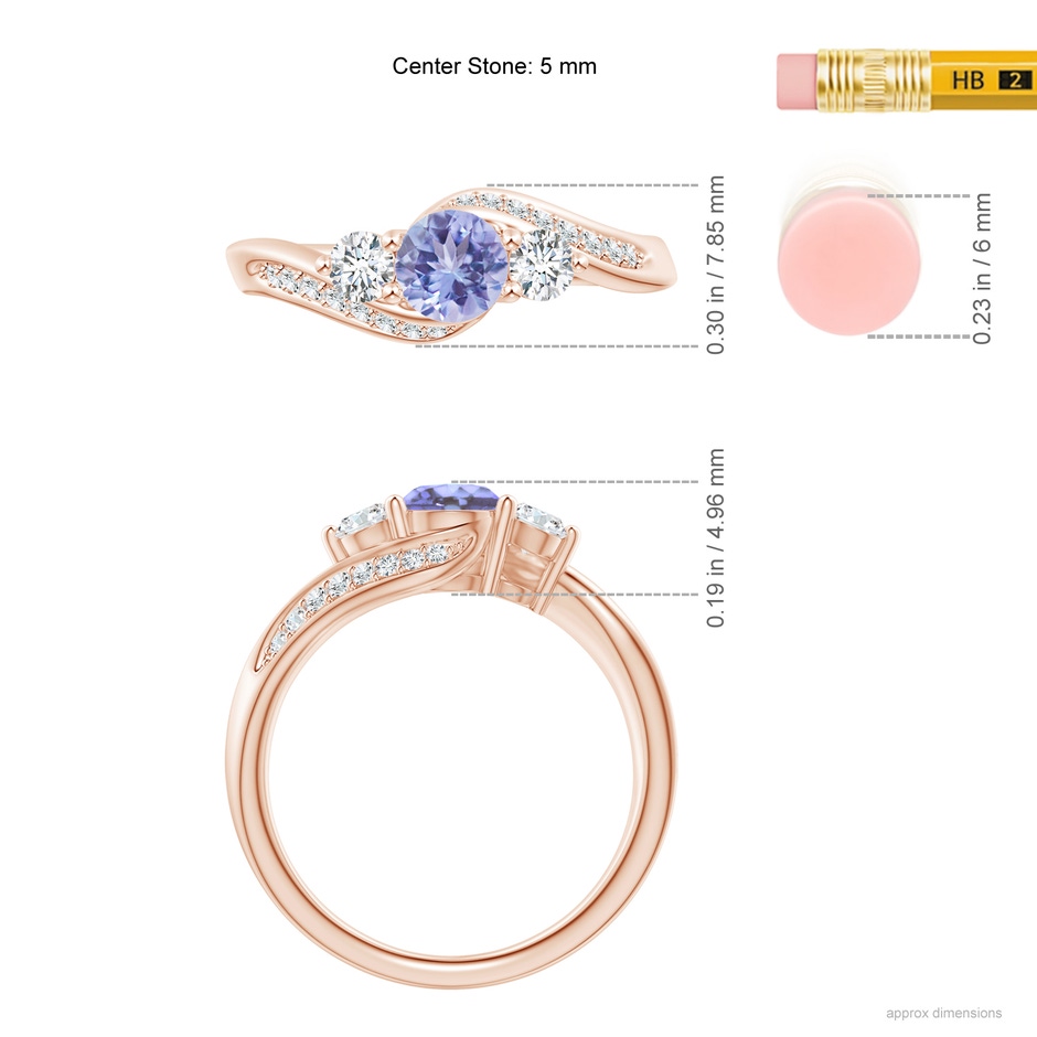 5mm AA Tanzanite and Diamond Three Stone Bypass Ring in Rose Gold ruler