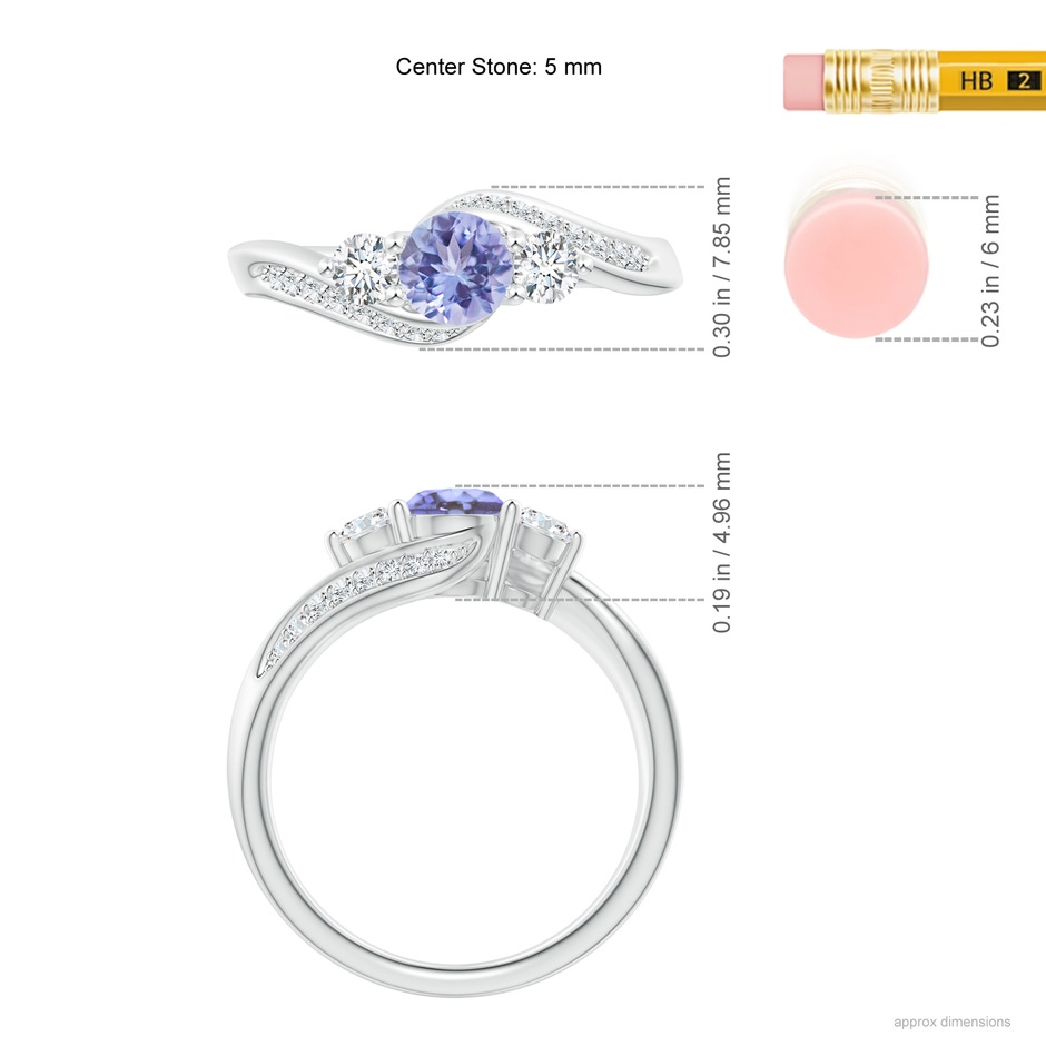 5mm AA Tanzanite and Diamond Three Stone Bypass Ring in White Gold ruler