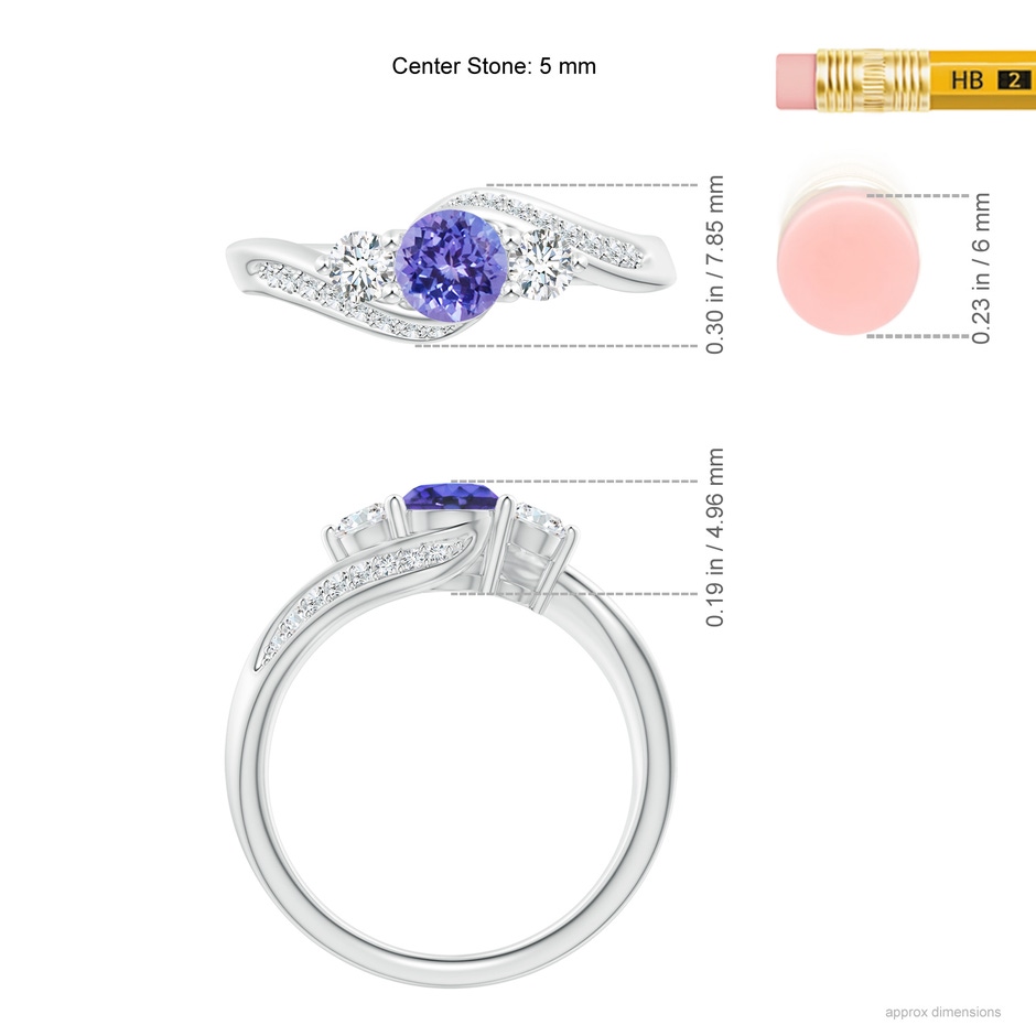 5mm AAA Tanzanite and Diamond Three Stone Bypass Ring in White Gold ruler