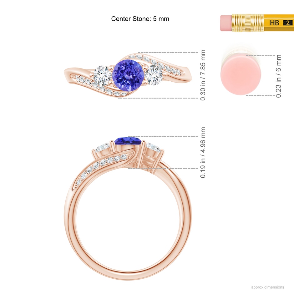 5mm AAAA Tanzanite and Diamond Three Stone Bypass Ring in Rose Gold ruler