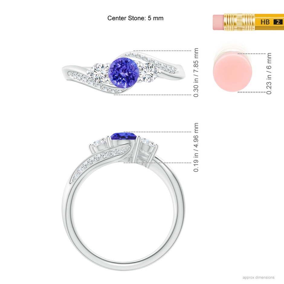 5mm AAAA Tanzanite and Diamond Three Stone Bypass Ring in White Gold ruler
