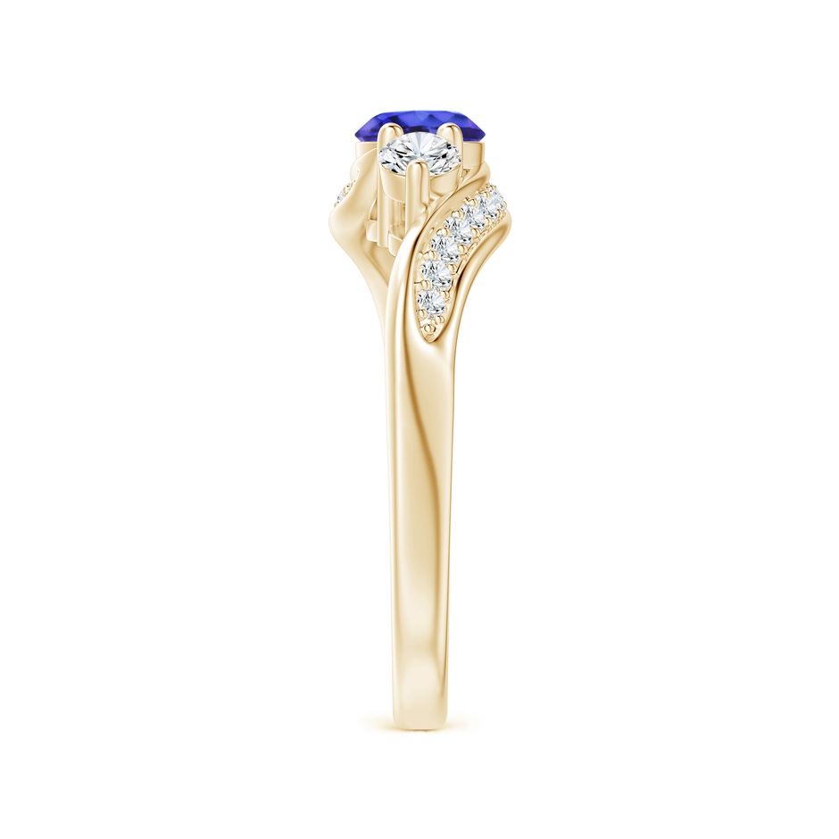 5mm AAAA Tanzanite and Diamond Three Stone Bypass Ring in Yellow Gold side 2