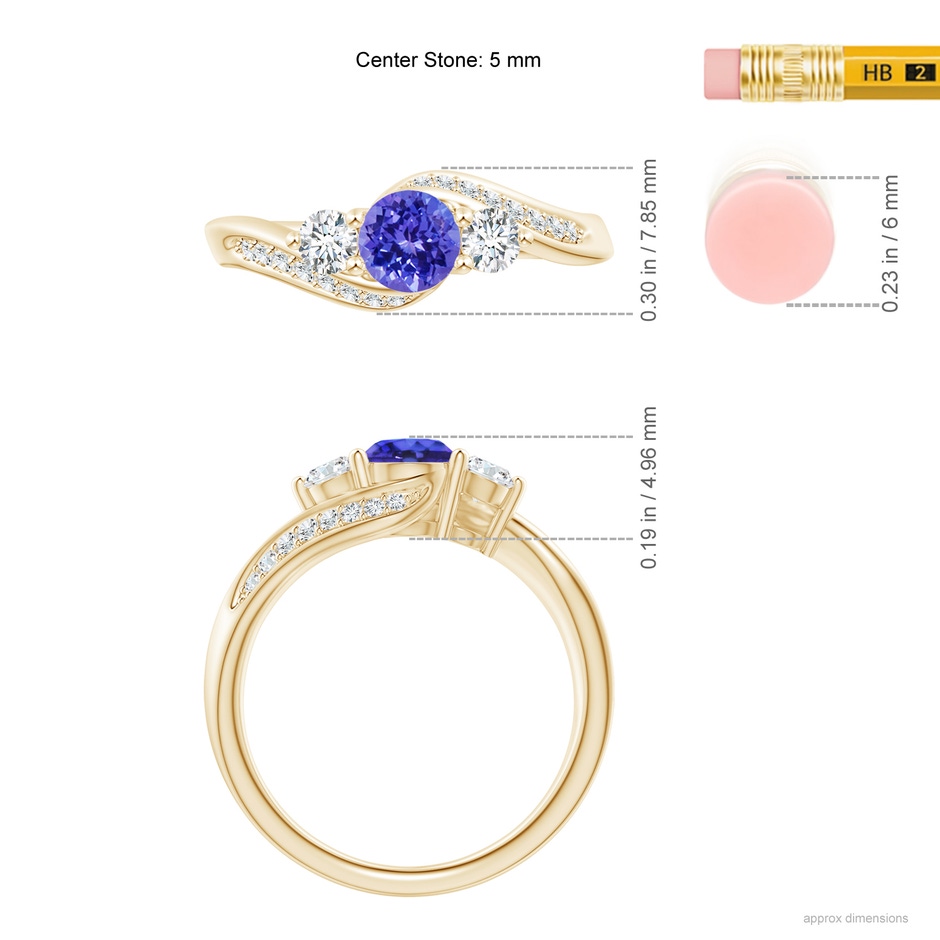 5mm AAAA Tanzanite and Diamond Three Stone Bypass Ring in Yellow Gold ruler