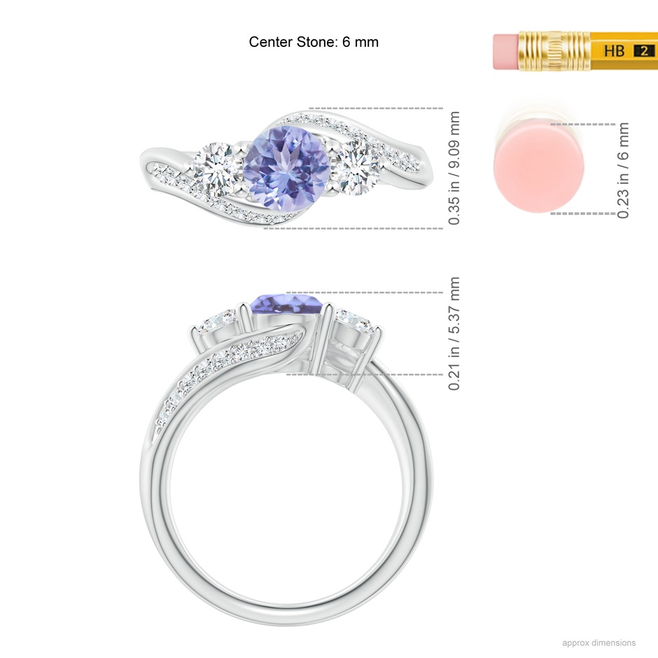 6mm A Tanzanite and Diamond Three Stone Bypass Ring in P950 Platinum ruler