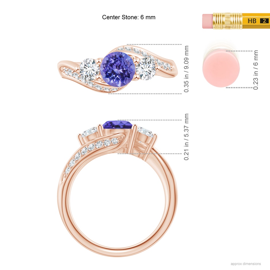6mm AA Tanzanite and Diamond Three Stone Bypass Ring in Rose Gold ruler