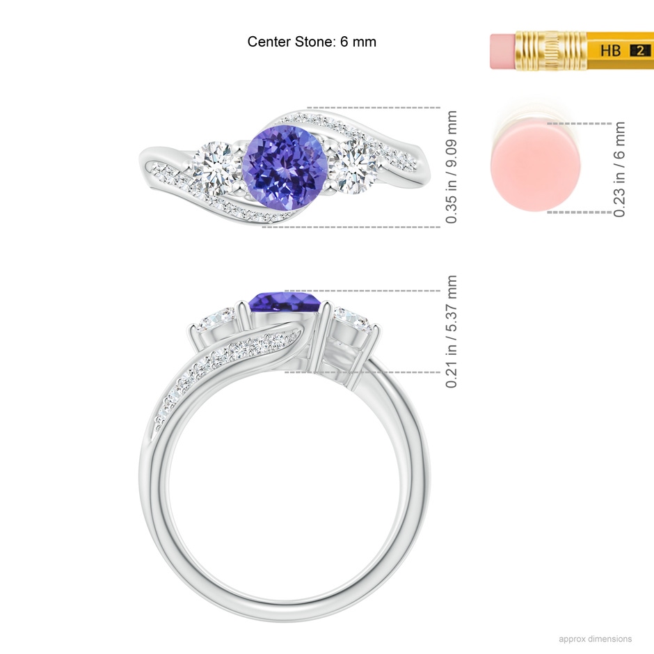 6mm AA Tanzanite and Diamond Three Stone Bypass Ring in White Gold ruler