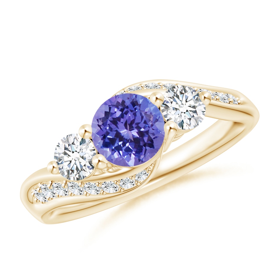 6mm AA Tanzanite and Diamond Three Stone Bypass Ring in Yellow Gold 
