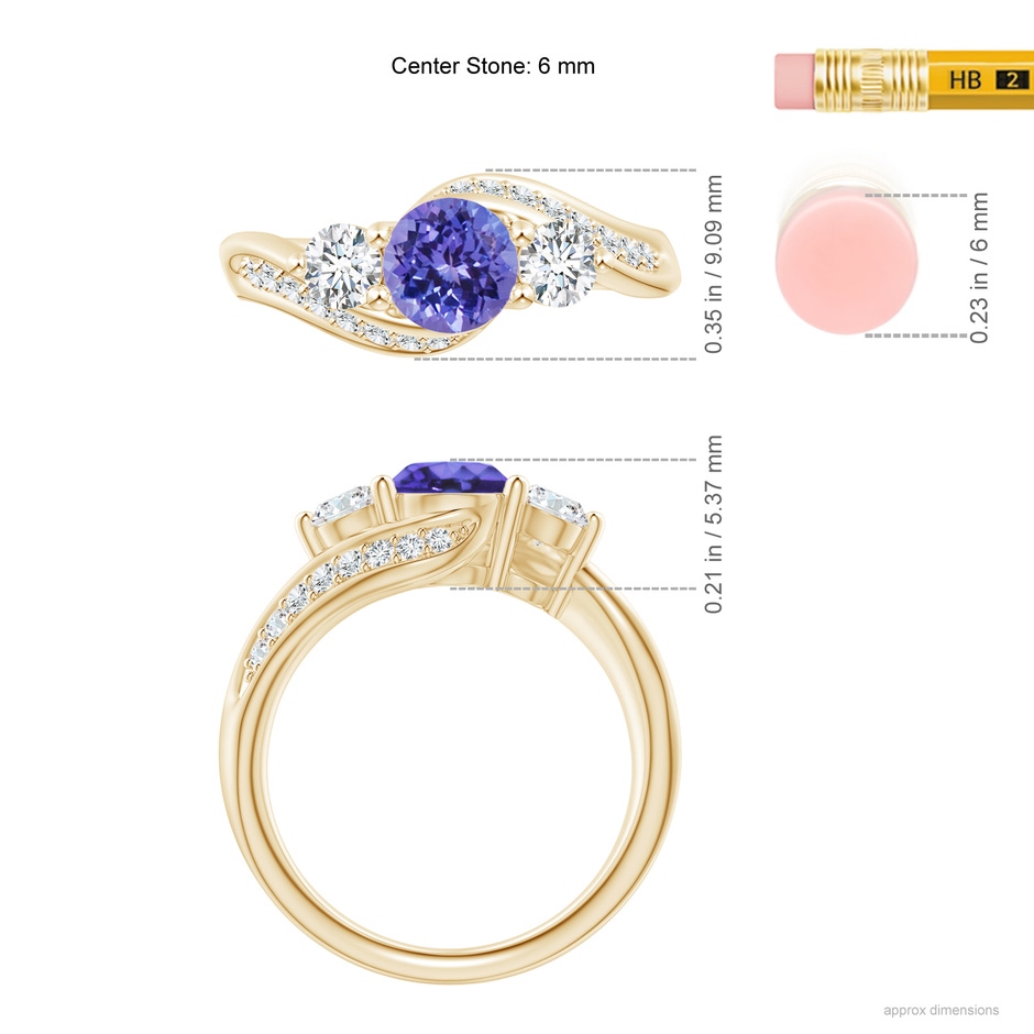 6mm AA Tanzanite and Diamond Three Stone Bypass Ring in Yellow Gold ruler