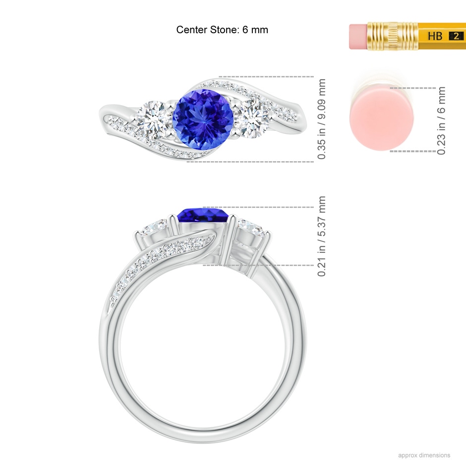 6mm AAA Tanzanite and Diamond Three Stone Bypass Ring in P950 Platinum ruler
