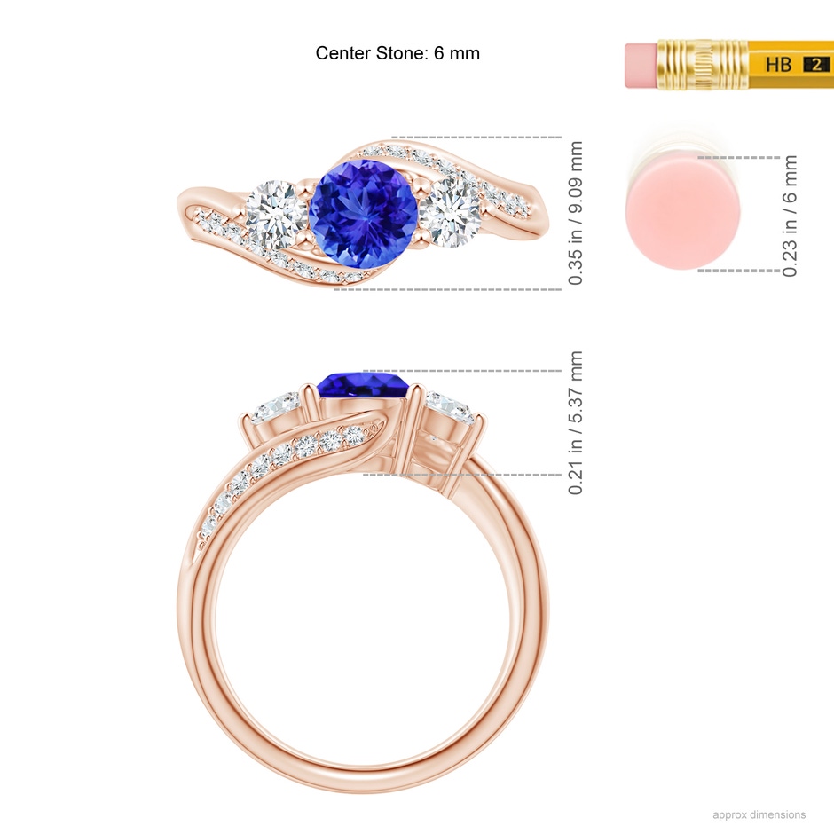 6mm AAA Tanzanite and Diamond Three Stone Bypass Ring in Rose Gold ruler
