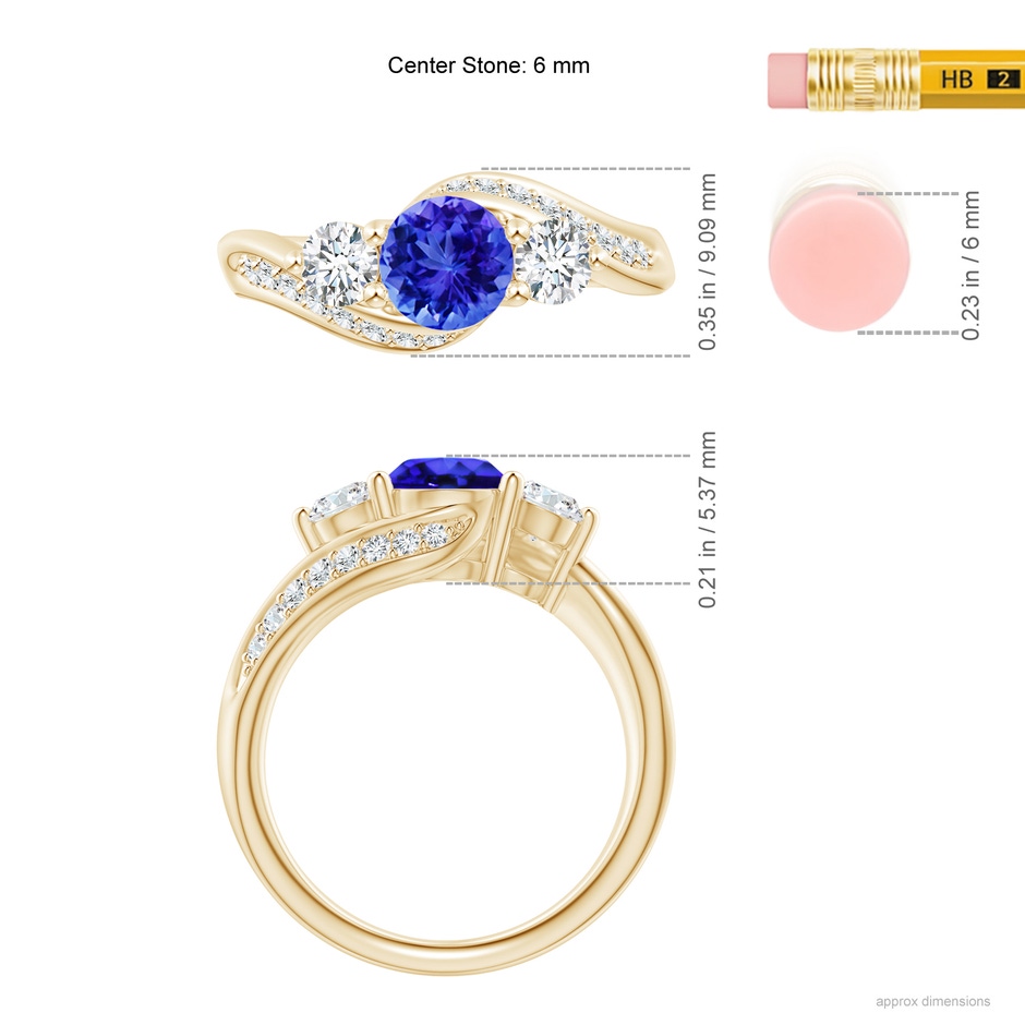 6mm AAA Tanzanite and Diamond Three Stone Bypass Ring in Yellow Gold ruler