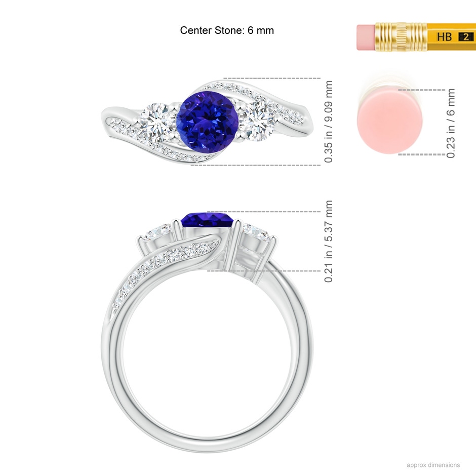 6mm AAAA Tanzanite and Diamond Three Stone Bypass Ring in White Gold ruler
