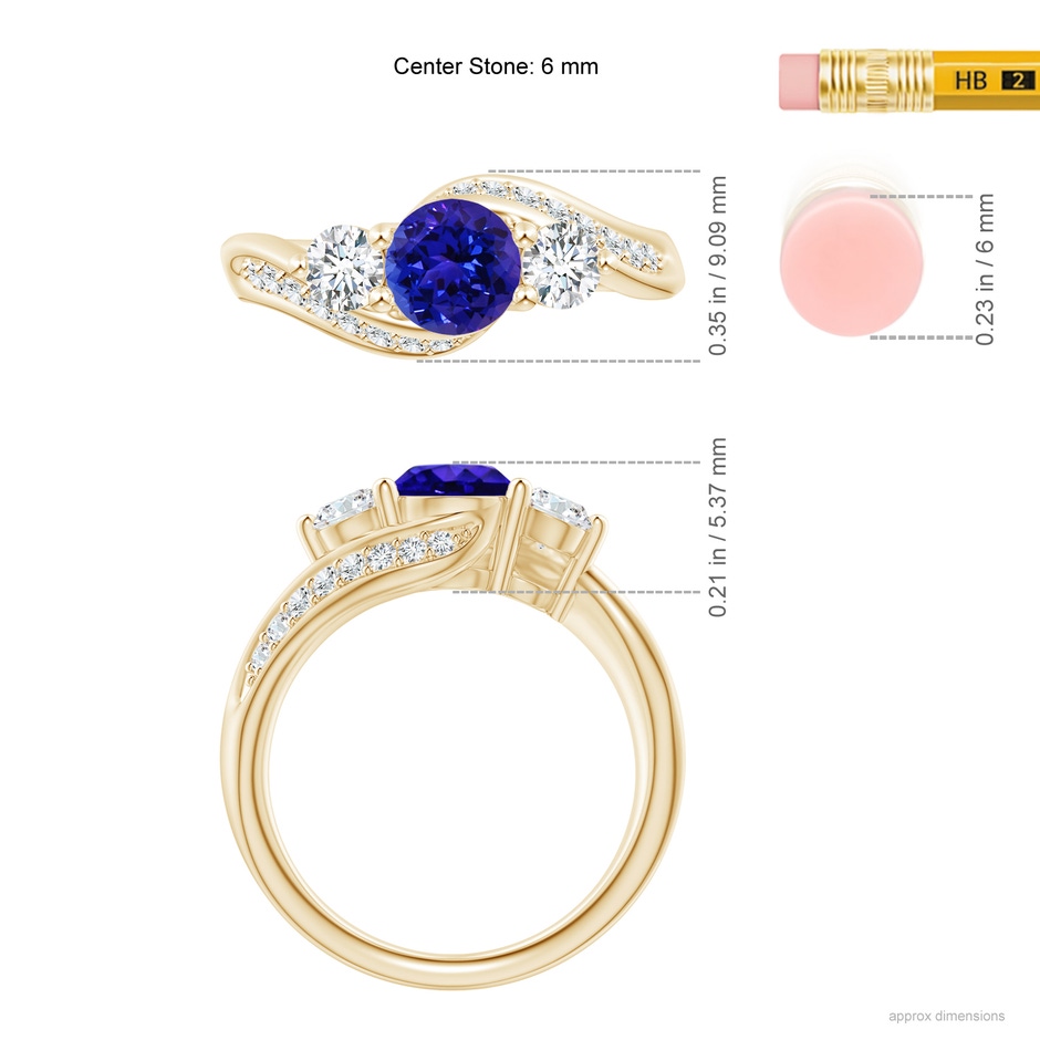 6mm AAAA Tanzanite and Diamond Three Stone Bypass Ring in Yellow Gold ruler