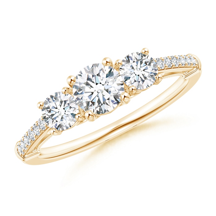 5mm GVS2 Three Stone Diamond Cathedral Engagement Ring in Yellow Gold
