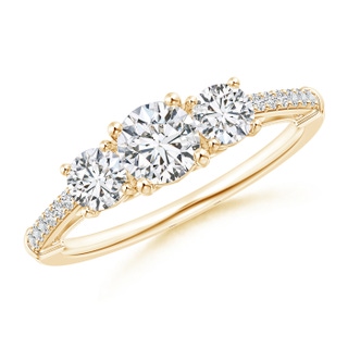 5mm HSI2 Three Stone Diamond Cathedral Engagement Ring in Yellow Gold