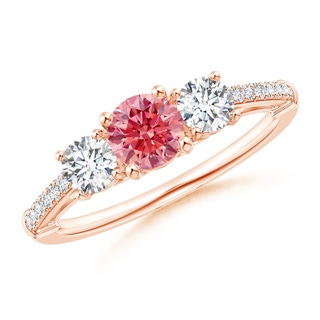 5mm AAAA Three Stone Fancy Intense Pink Diamond Cathedral Engagement Ring in 10K Rose Gold