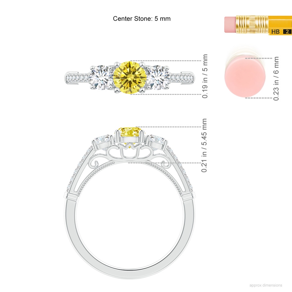 5mm AAAA Three Stone Fancy Intense Yellow Diamond Cathedral Engagement Ring in White Gold ruler