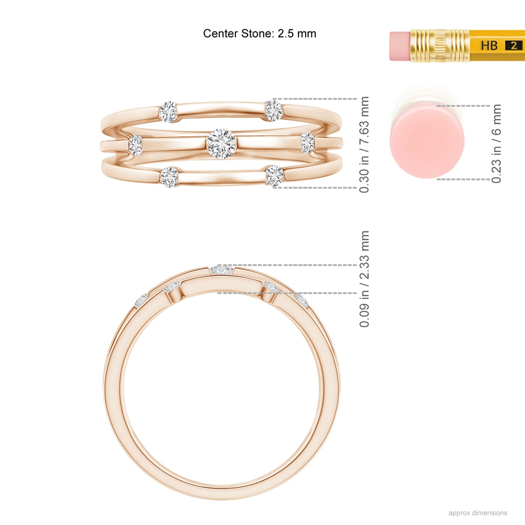 2.5mm HSI2 Triple Row Dotted Diamond Orbit Ring in Rose Gold Ruler