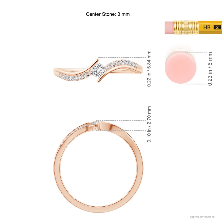 3mm HSI2 Solitaire Diamond Twin Shank Bypass Ring in Rose Gold ruler