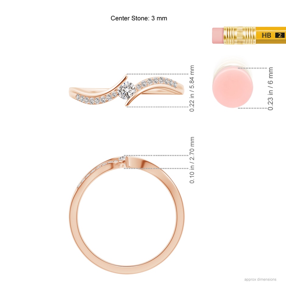 3mm IJI1I2 Solitaire Diamond Twin Shank Bypass Ring in Rose Gold ruler