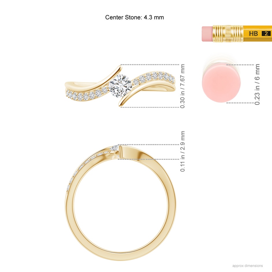 4.3mm HSI2 Solitaire Diamond Twin Shank Bypass Ring in 9K Yellow Gold ruler