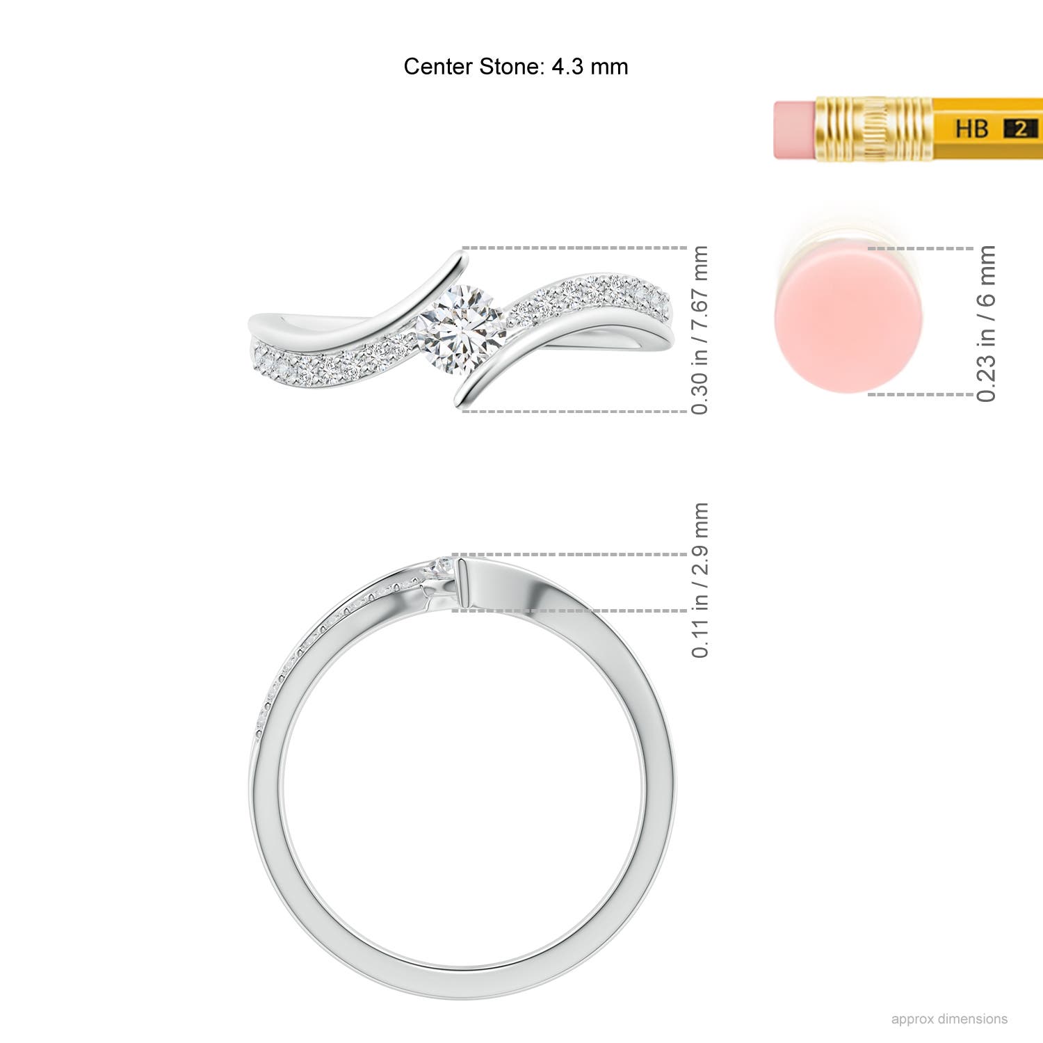 4.3mm HSI2 Solitaire Diamond Twin Shank Bypass Ring in White Gold - ruler